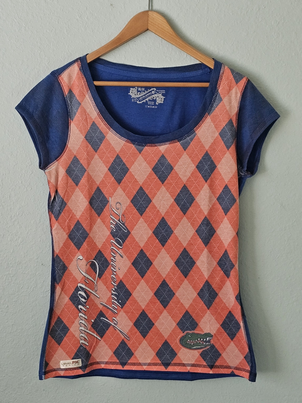 University of Florida Argyle Scoop Neck Tee — Orange and Blue, Navy
